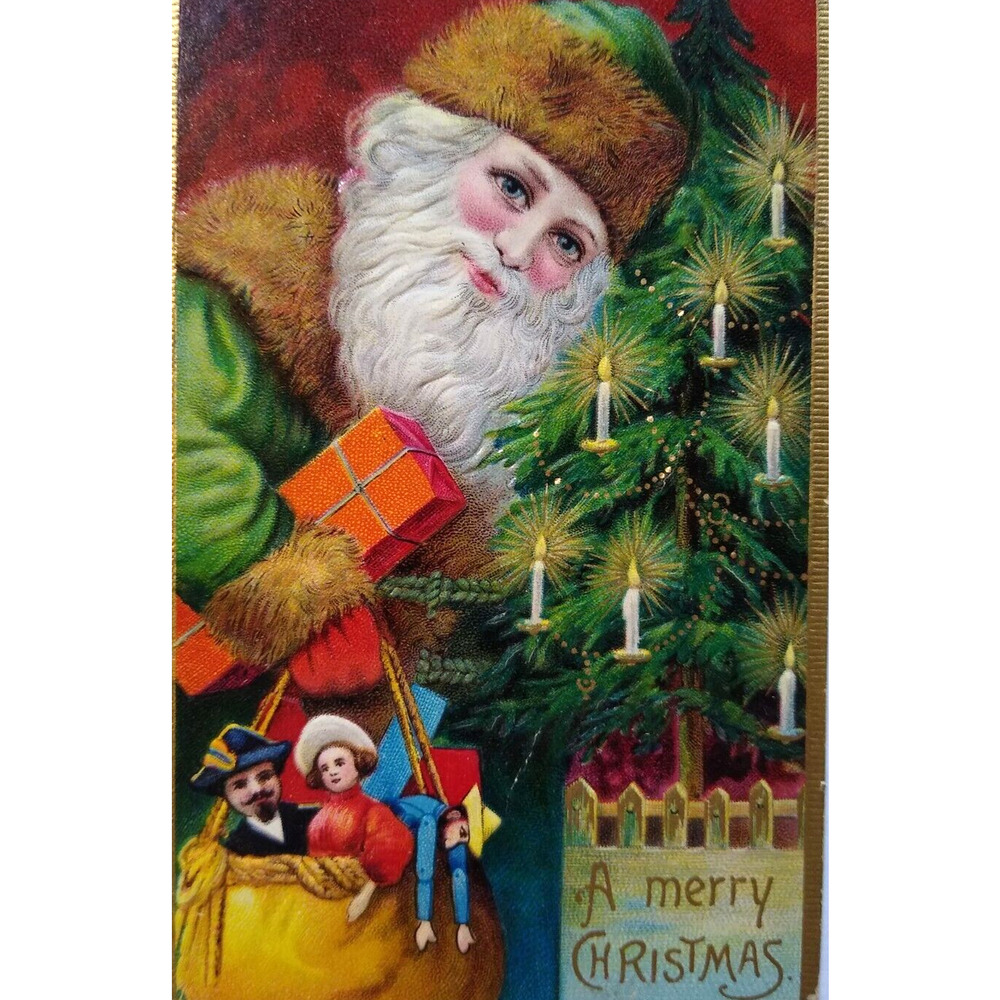 Santa Claus Old World Postcard Green Suit Coat Toy Dolls X-mas Tree Germany 1911